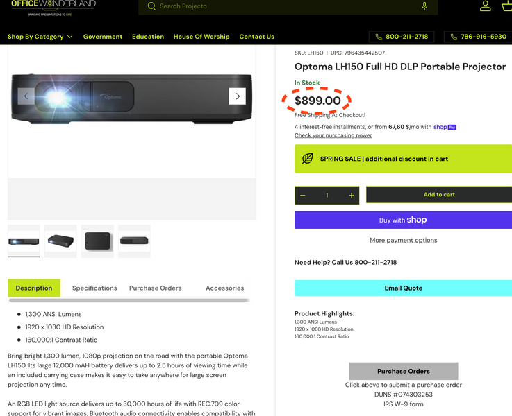 Optoma LH150 projector &mdash; used, 1507 h of operation